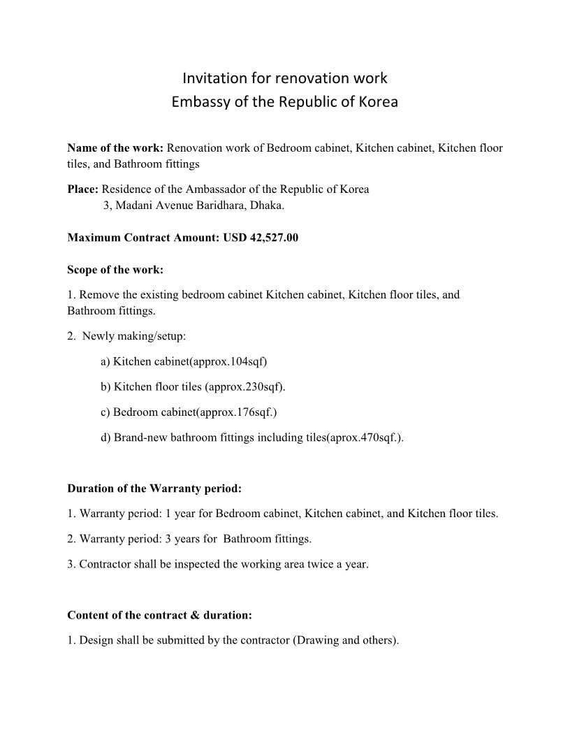 Invitation for Renovation Work of the Residence at Korean Embassy
